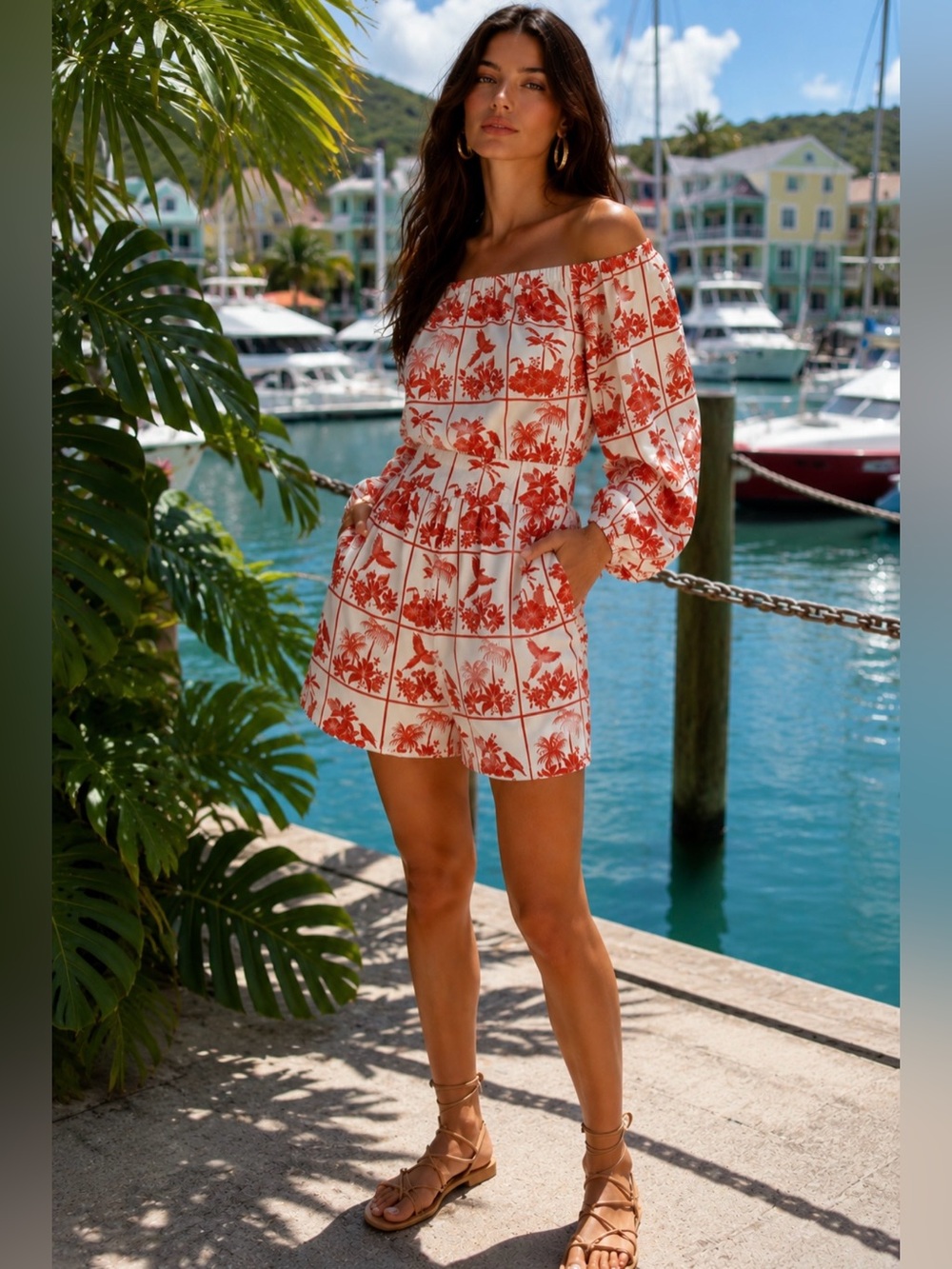 NWOT Farm Rio x Anthropologie Tropical Off Shoulder Romper XS Pocket Puff Sleeve - Picture 1 of 13